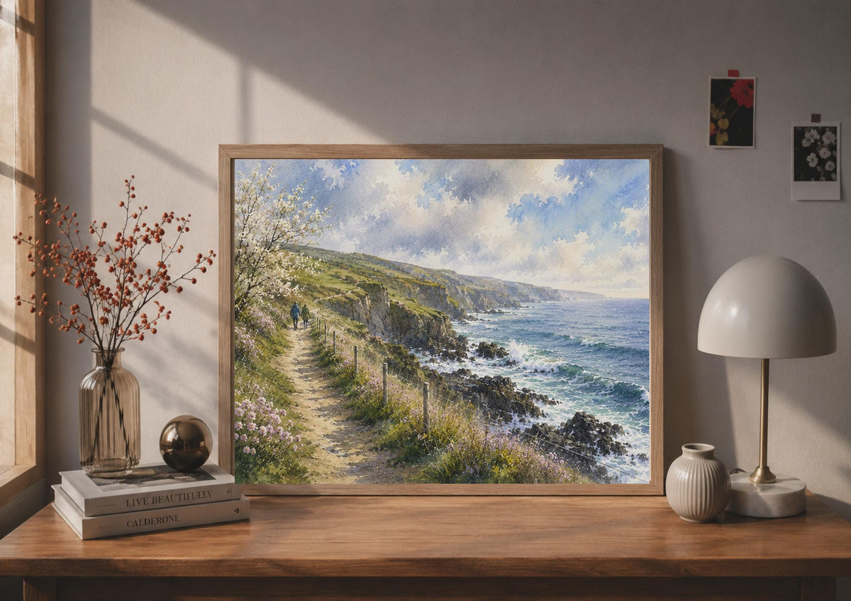 Coastal Cliff Walk Watercolour Poster, British Seaside Couple, Wildflowers, Ocean Waves (Print)