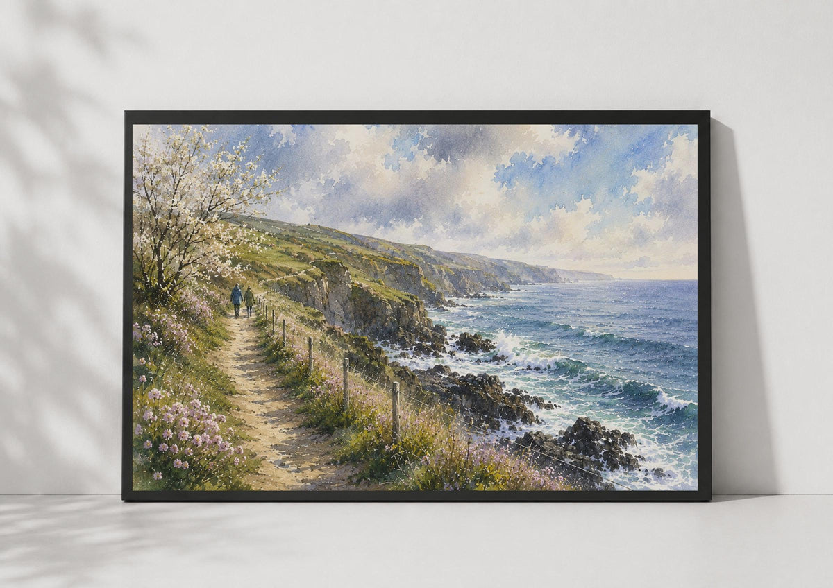 Coastal Cliff Walk Watercolour Poster, British Seaside Couple, Wildflowers, Ocean Waves (Print)