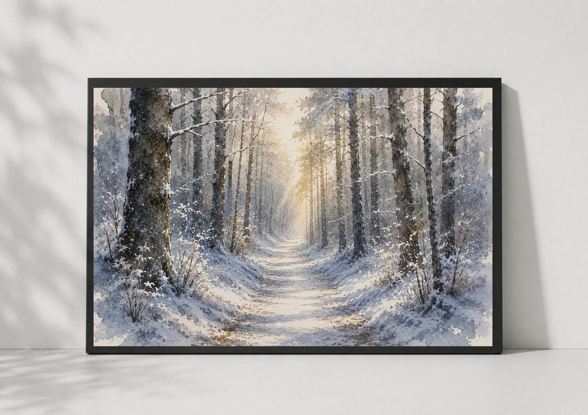 Winter Forest Path Watercolour Poster, Snowy Woodland Wall Art, Blue Grey Nature Print