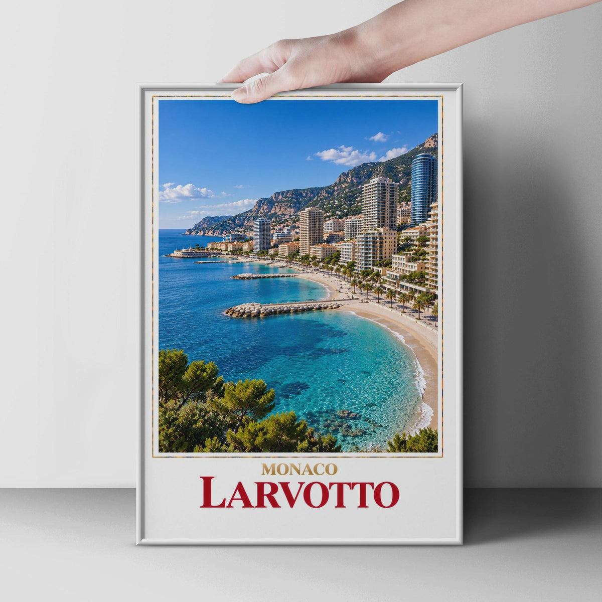 Larvotto Monaco Travel Poster, French Riviera Beach Art, Mediterranean Coastline (Print)