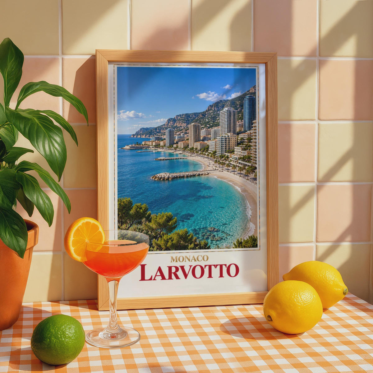 Larvotto Monaco Travel Poster, French Riviera Beach Art, Mediterranean Coastline (Print)