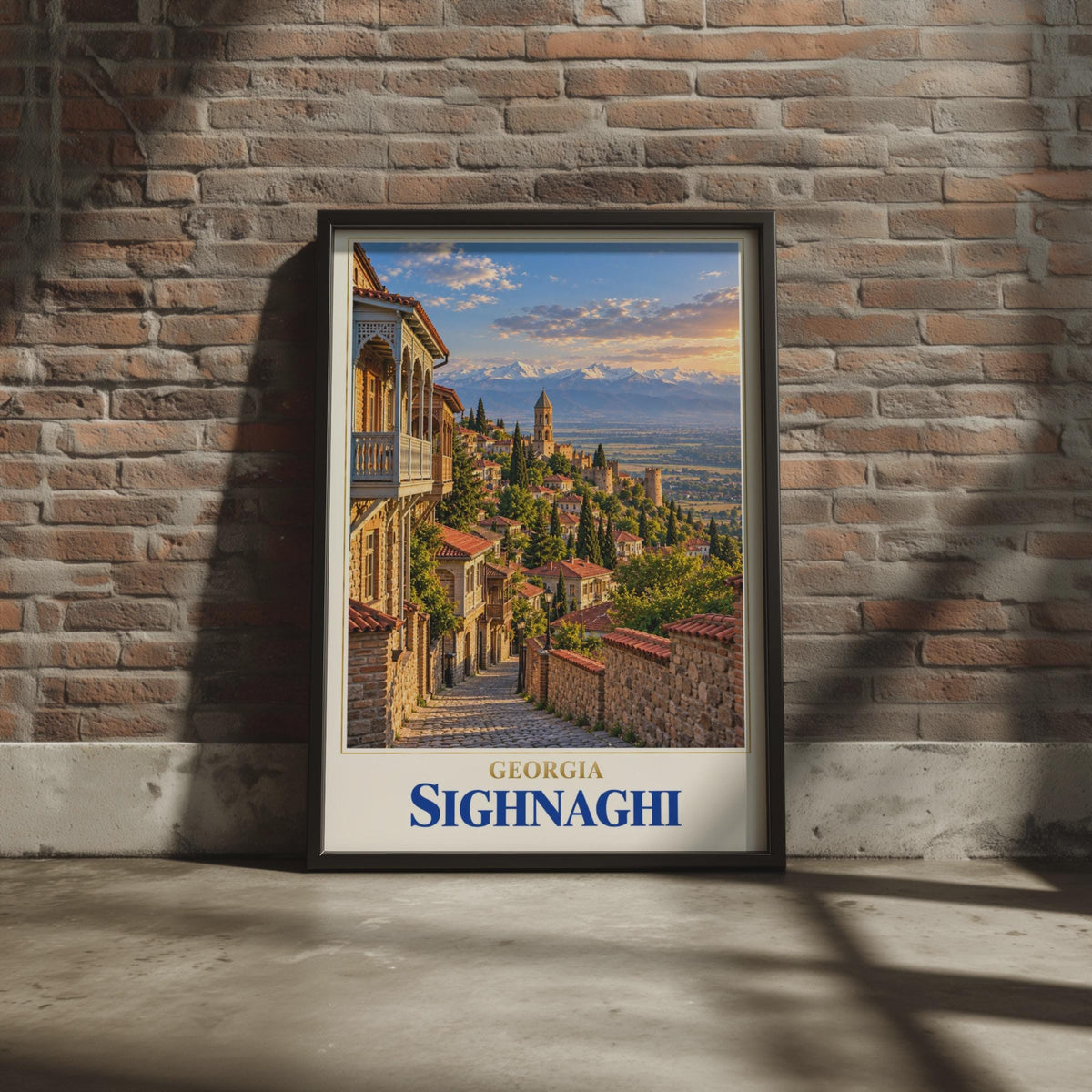 Sighnaghi Georgia Travel Poster, Caucasus Mountain Town, Cobblestone Street Art Print