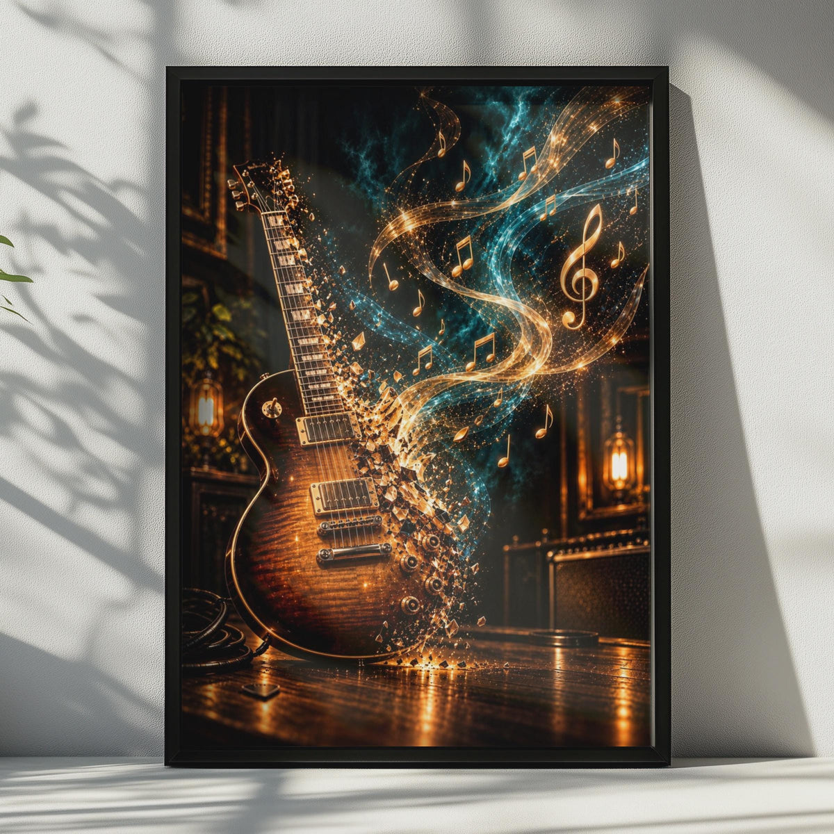 Electric Guitar Music Notes Poster, Gold Teal Glowing Rock Art, Musician Wall Decor
