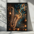 Saxophone Jazz Poster, Gold Music Notes, Moody Music Room Decor (Print)