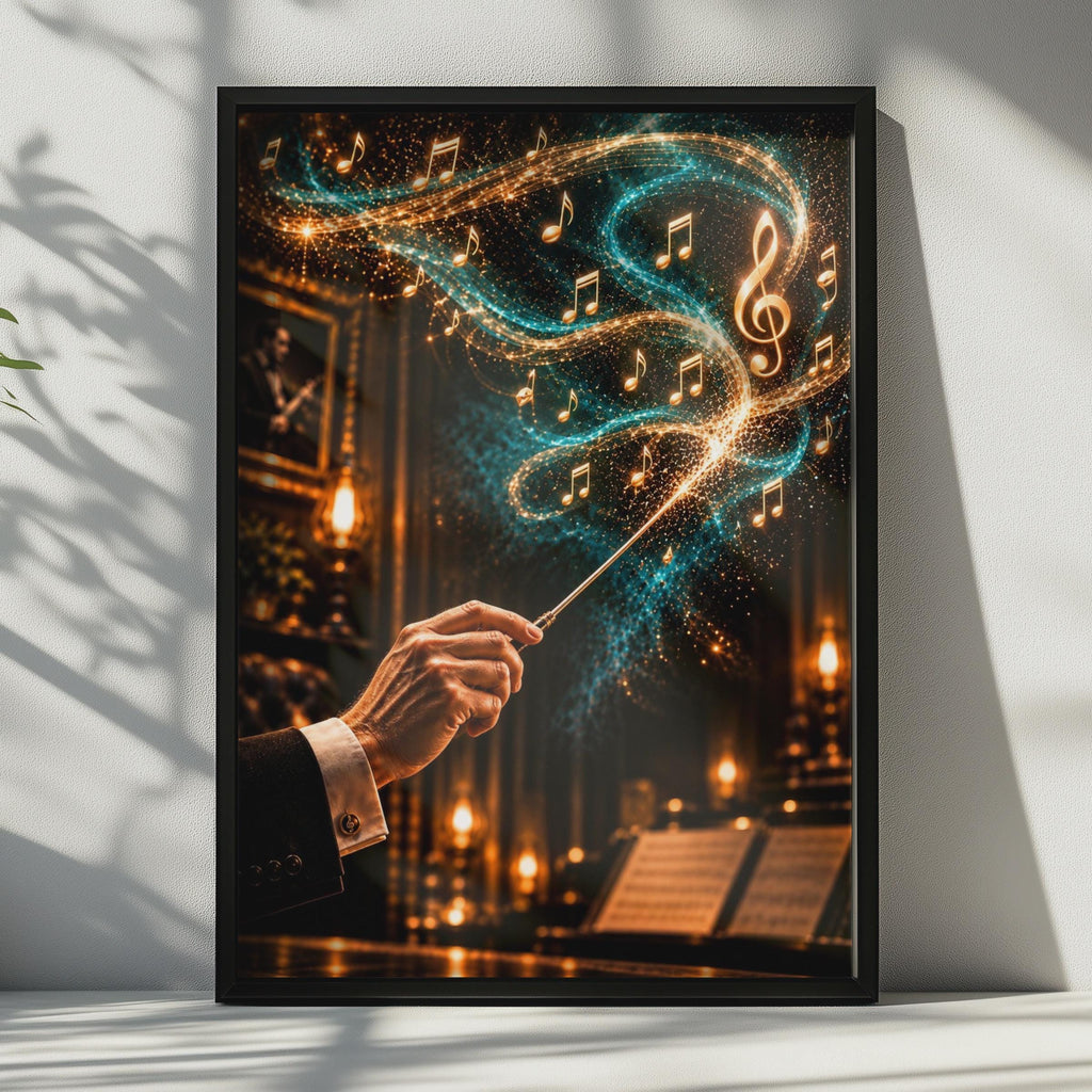 Magical Orchestra Conductor Poster, Teal Gold Music Notes, Classical Music Room Decor