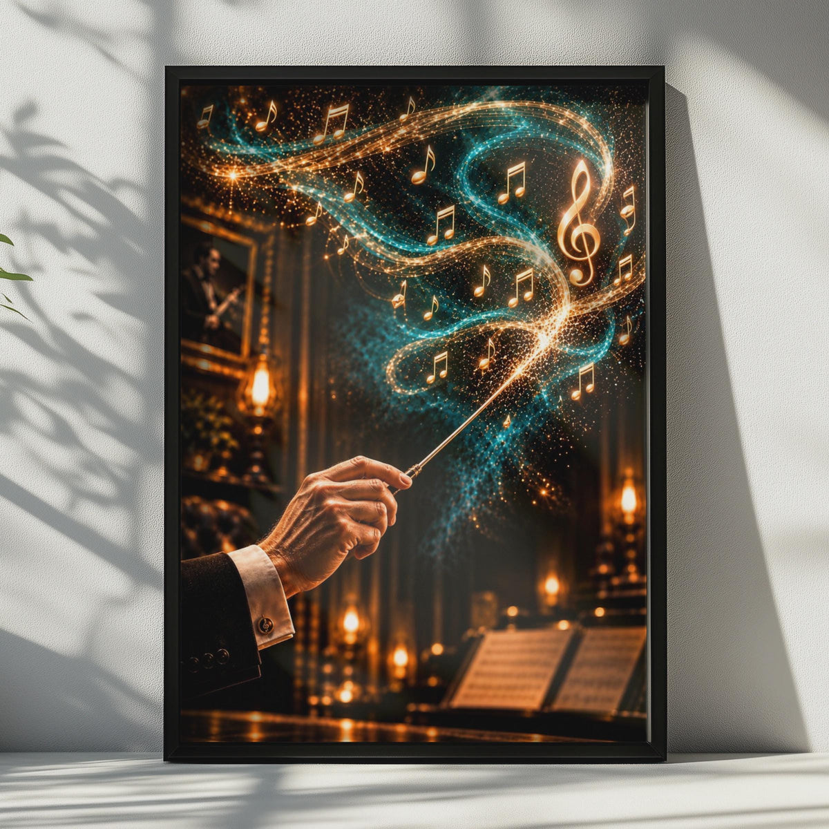 Magical Orchestra Conductor Poster, Teal Gold Music Notes, Classical Music Room Decor