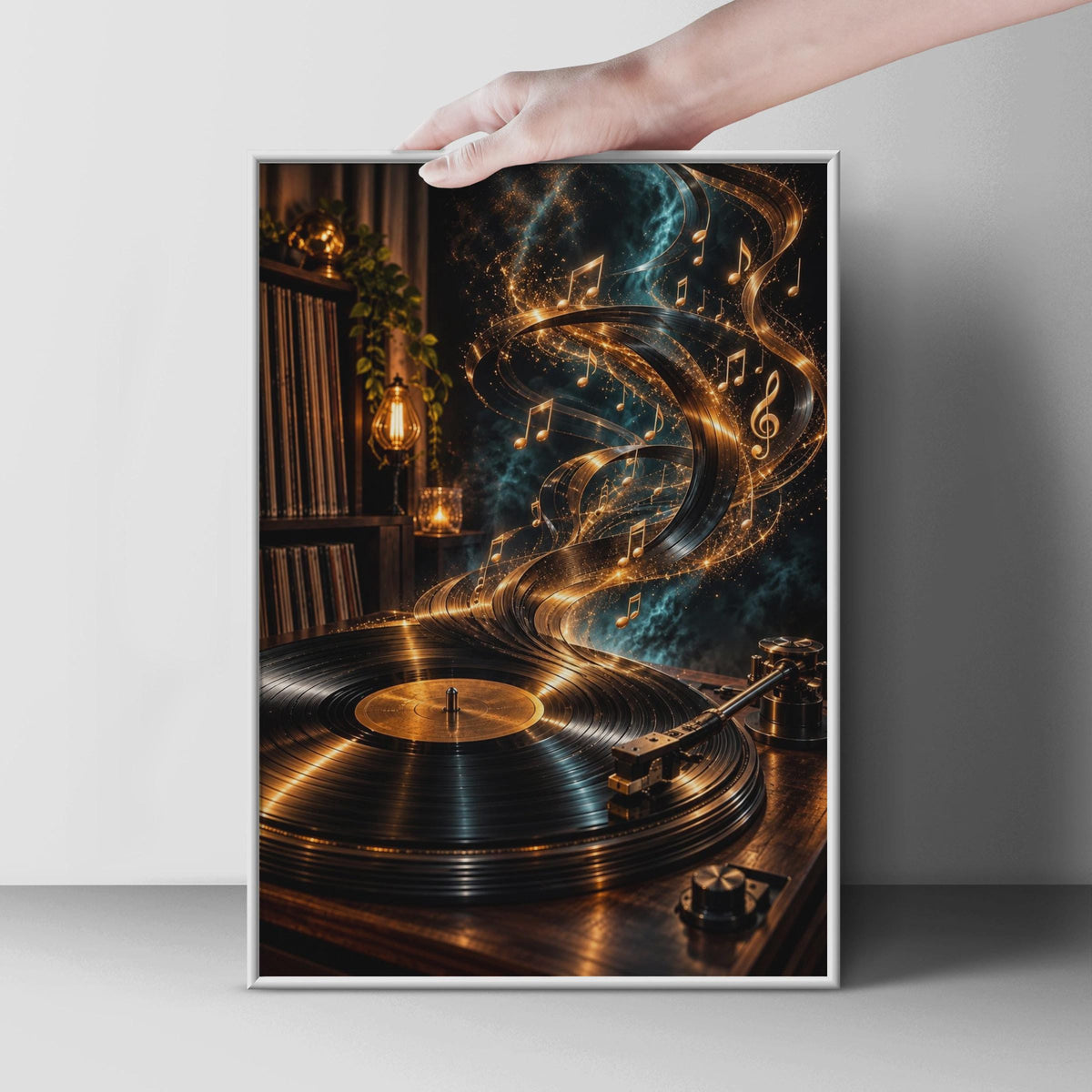 Vinyl Record Turntable Poster, Golden Music Notes, Moody Retro Wall Art (Print)