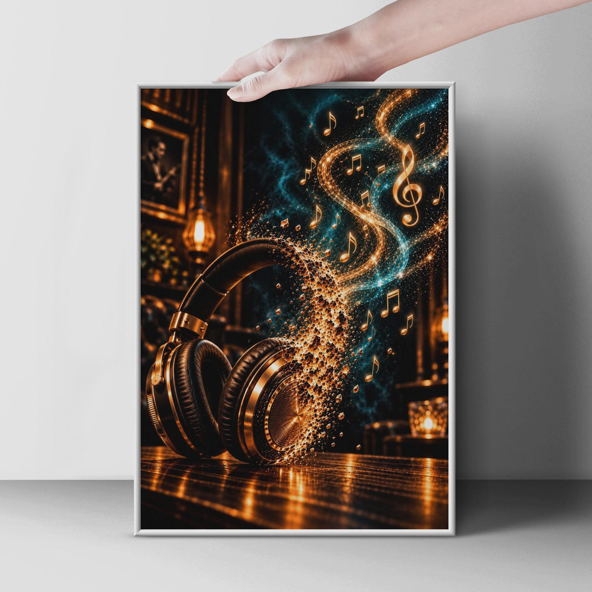 Gold Glowing Headphones Music Notes Poster, Moody Abstract Art (Digital Print)