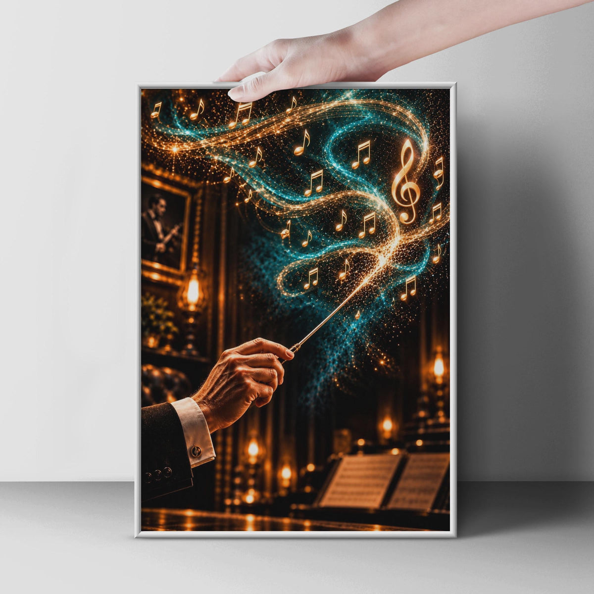 Magical Orchestra Conductor Poster, Teal Gold Music Notes, Classical Music Room Decor