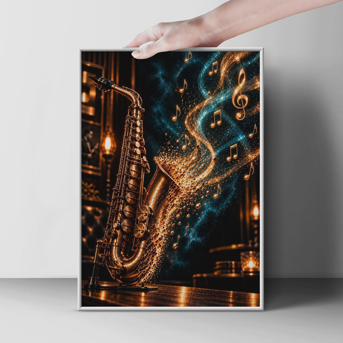 Saxophone Jazz Poster, Gold Music Notes, Moody Music Room Decor (Print)