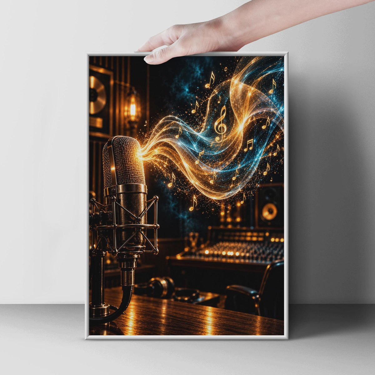 Recording Studio Microphone Poster, Gold Blue Sound Waves, Music Notes Wall Art