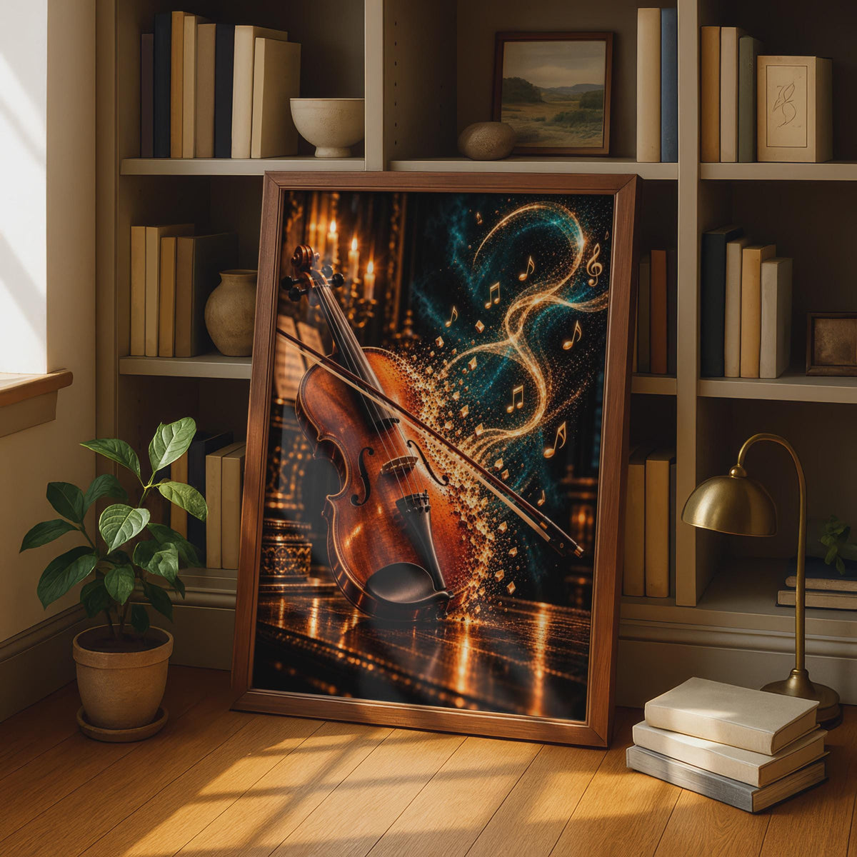 Violin Music Poster, Glowing Musical Notes, Dark Teal Gold Orchestra Print (Wall Art)