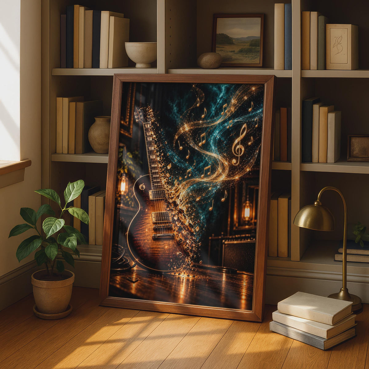 Electric Guitar Music Notes Poster, Gold Teal Glowing Rock Art, Musician Wall Decor
