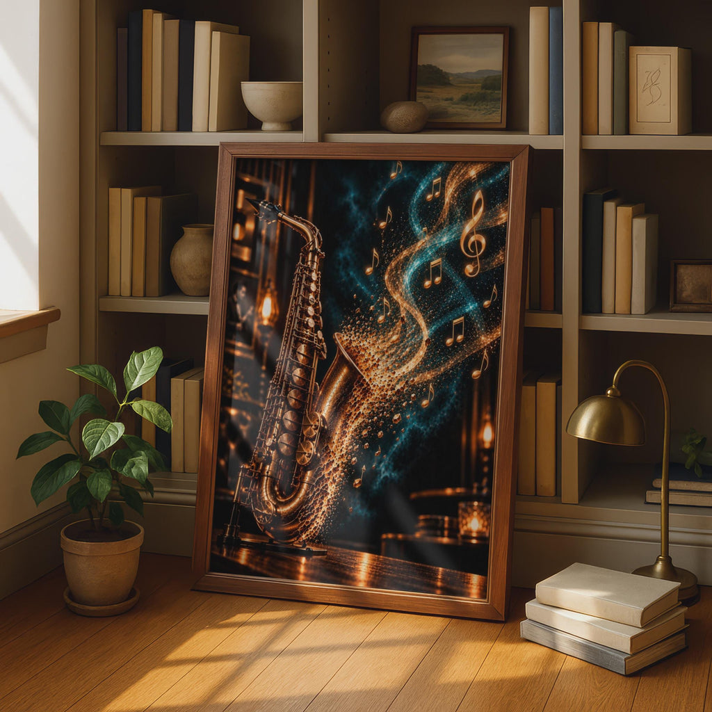 Saxophone Jazz Poster, Gold Music Notes, Moody Music Room Decor (Print)