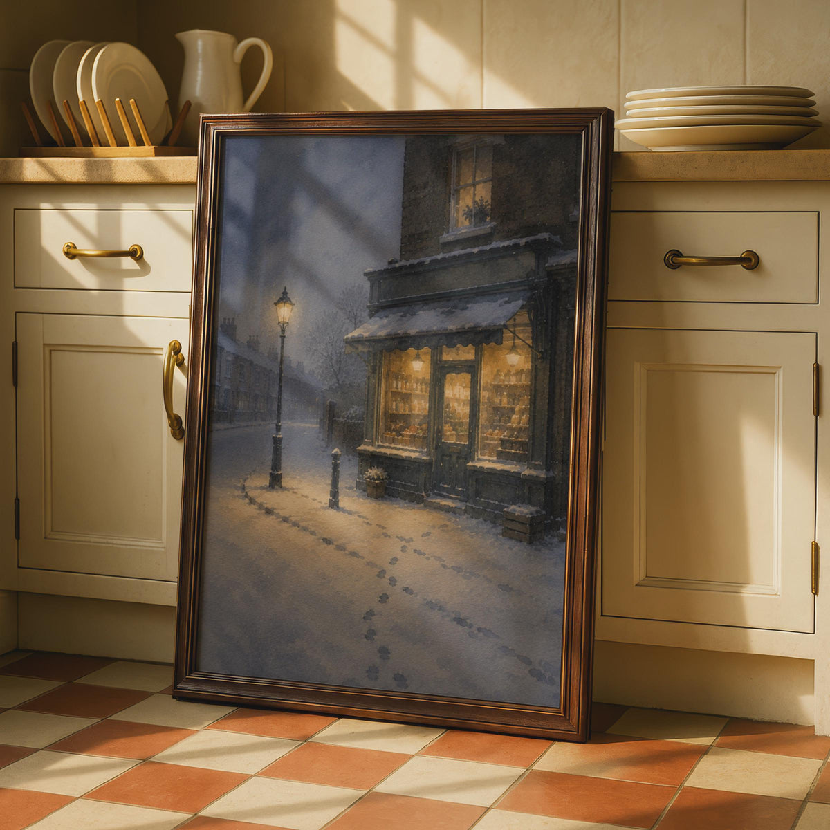 Victorian Winter Street Scene Poster, Snowy Corner Shop Watercolour Art (Living Room Decor)