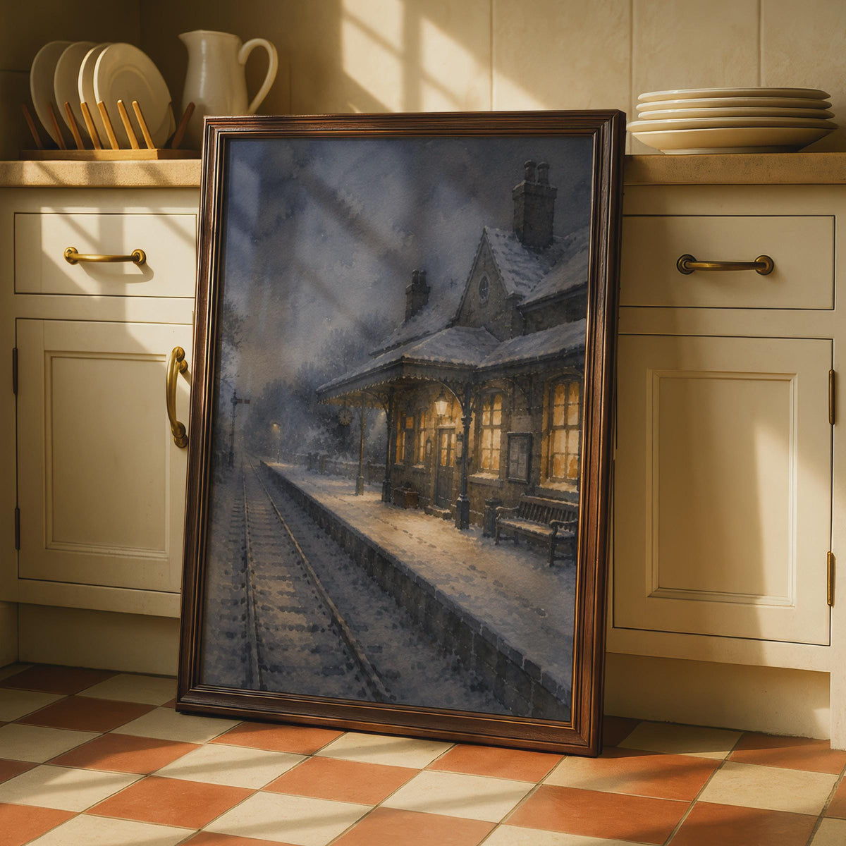 Victorian Railway Station Poster, Snowy Night Scene, Watercolour Style Wall Art