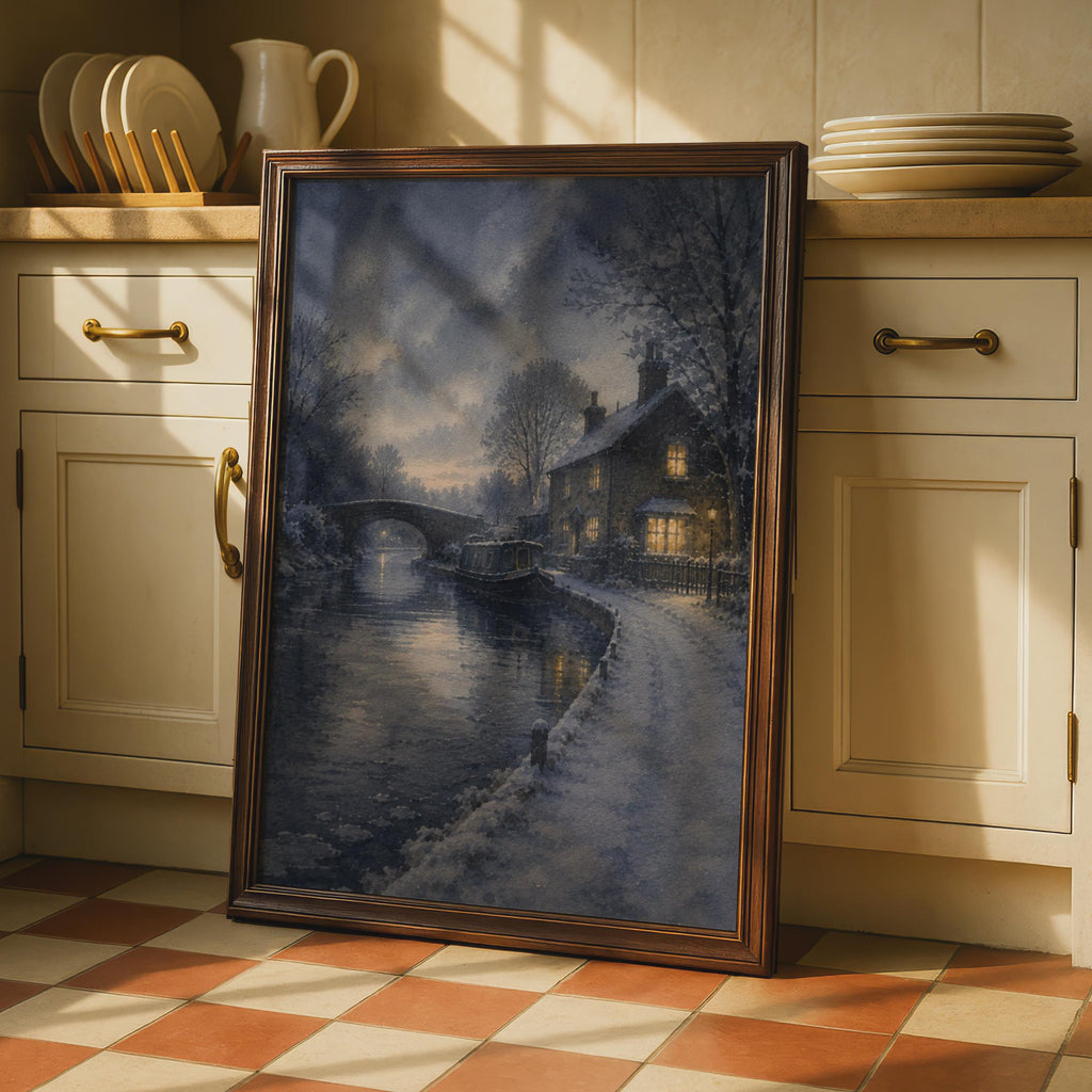 Winter Canal Narrowboat Watercolour Poster, Snowy Cottage Night Scene, English Countryside Wall Art