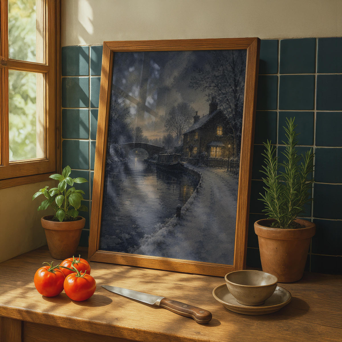 Winter Canal Narrowboat Watercolour Poster, Snowy Cottage Night Scene, English Countryside Wall Art