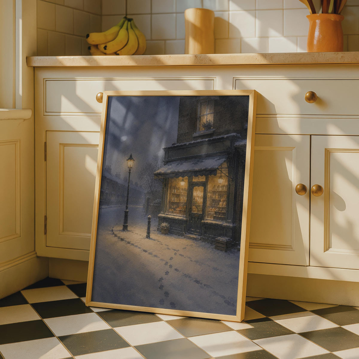 Victorian Winter Street Scene Poster, Snowy Corner Shop Watercolour Art (Living Room Decor)