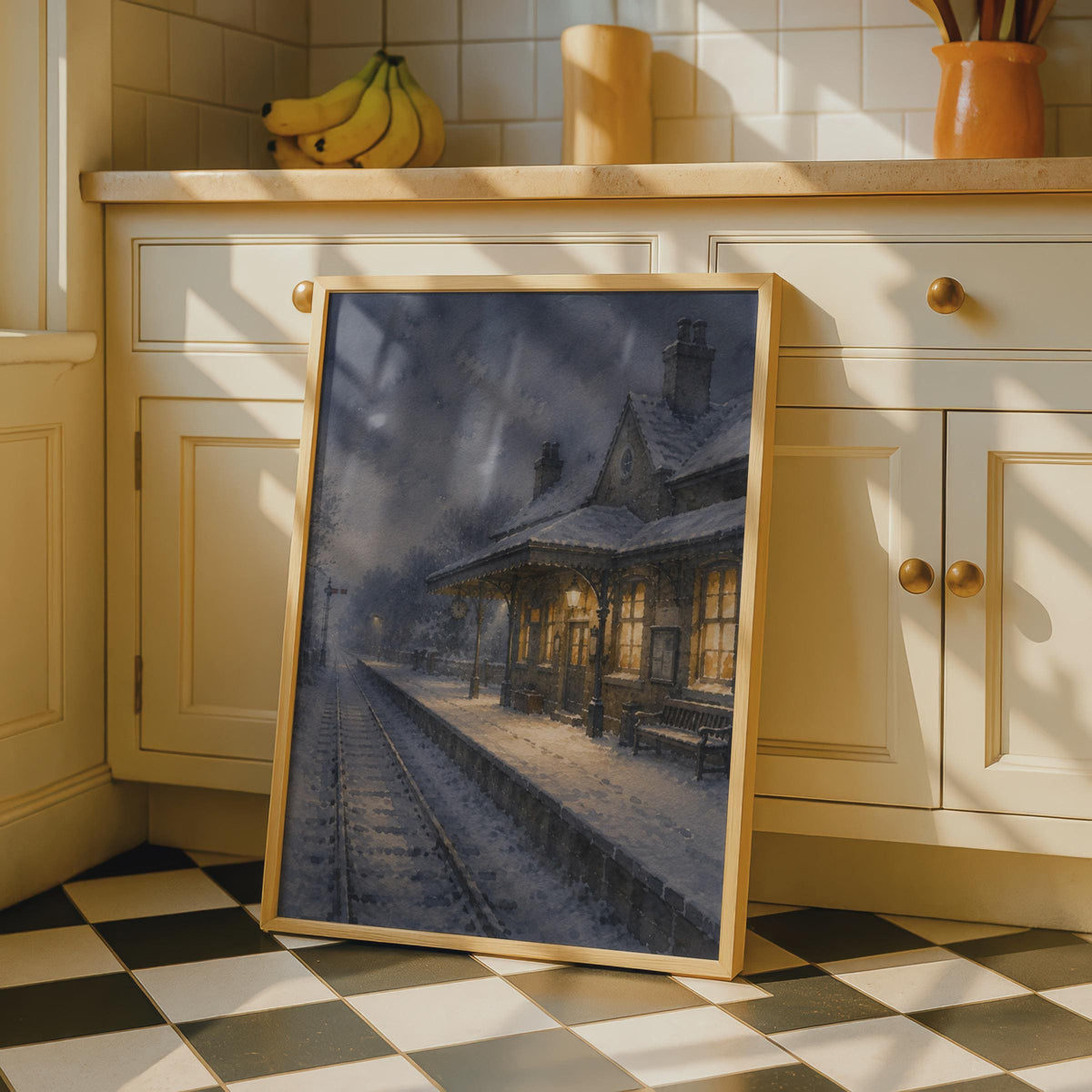 Victorian Railway Station Poster, Snowy Night Scene, Watercolour Style Wall Art