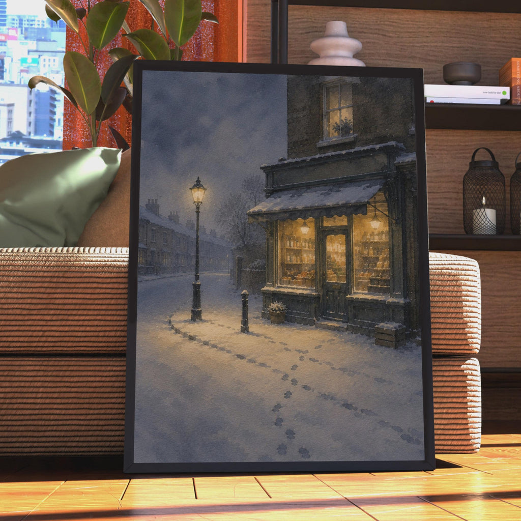 Victorian Winter Street Scene Poster, Snowy Corner Shop Watercolour Art (Living Room Decor)