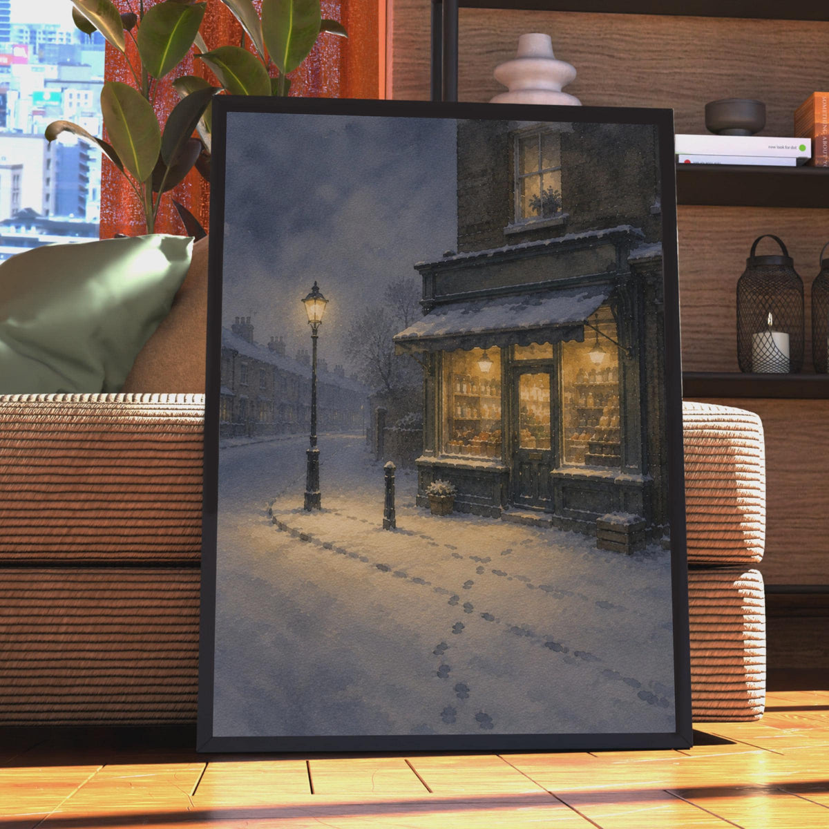 Victorian Winter Street Scene Poster, Snowy Corner Shop Watercolour Art (Living Room Decor)