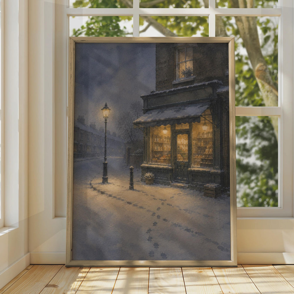 Victorian Winter Street Scene Poster, Snowy Corner Shop Watercolour Art (Living Room Decor)