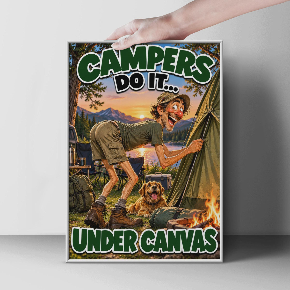 Cheeky Camping Poster, Witty Outdoor Humor, Campfire Dog Art (Physical Print)