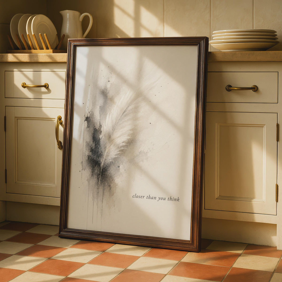 Feather Poster, Closer Than You Think, Spiritual Grief Remembrance Art (Watercolor)