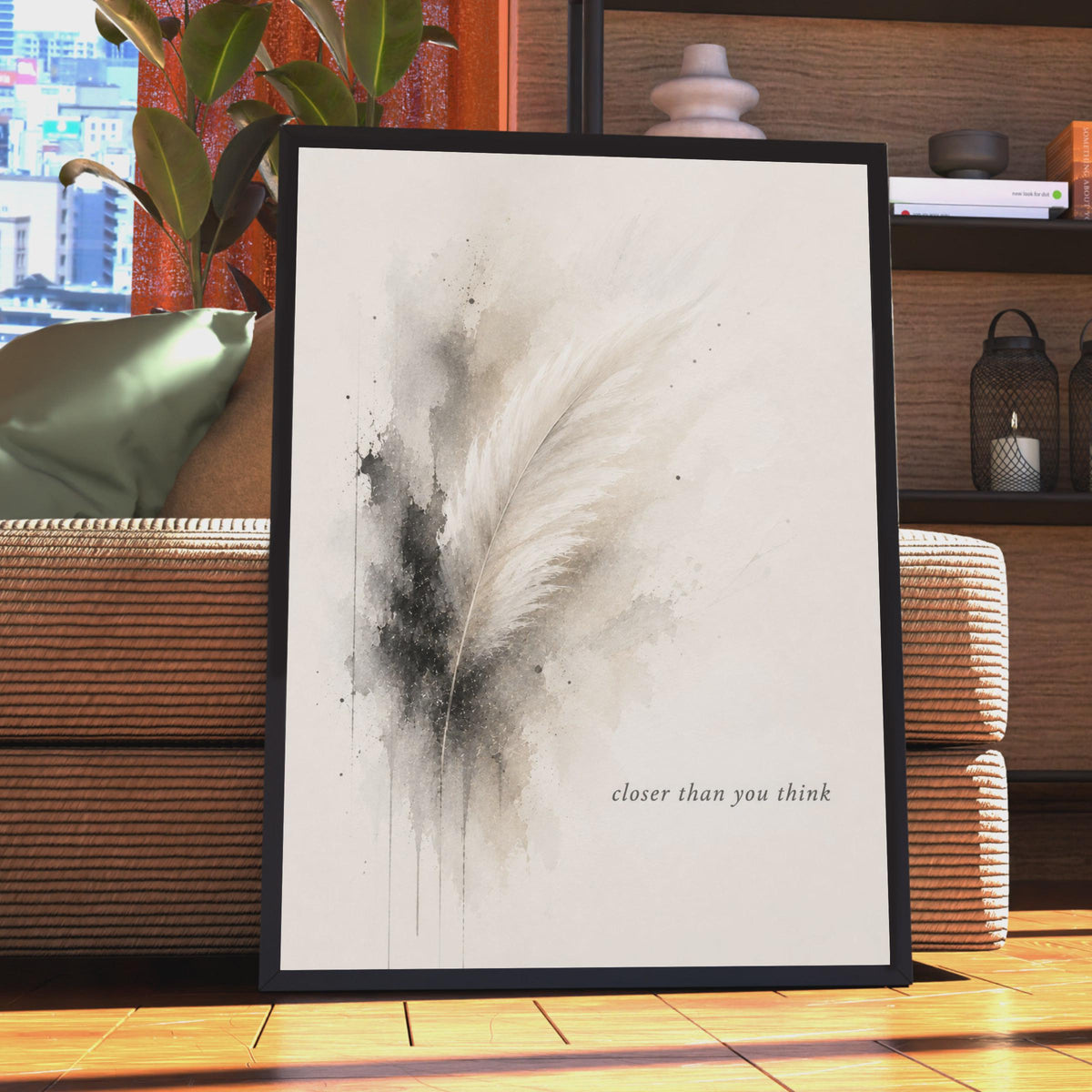 Feather Poster, Closer Than You Think, Spiritual Grief Remembrance Art (Watercolor)