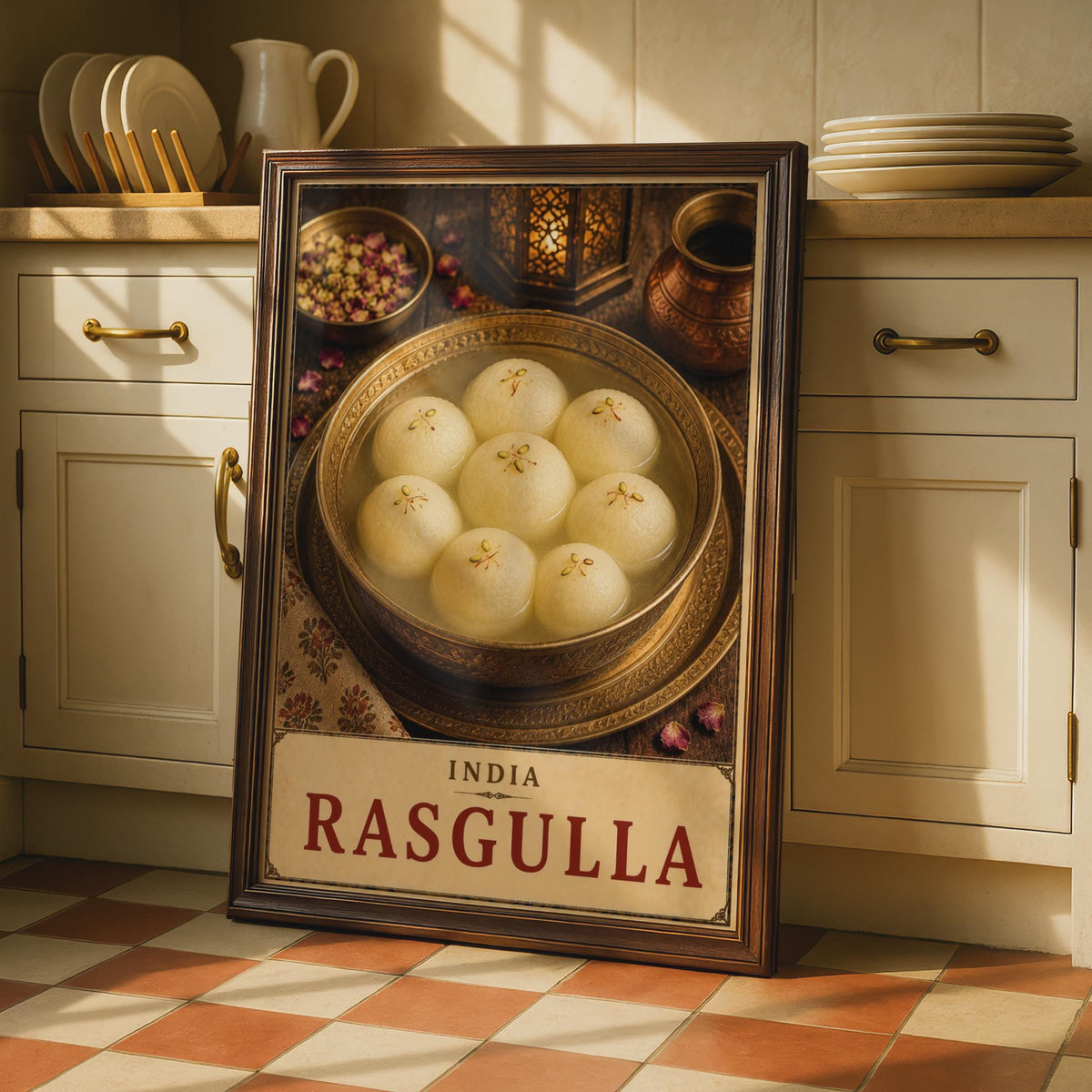 India Rasgulla Food Poster, Vintage Indian Sweet Dessert Art, Warm Tones (Print)