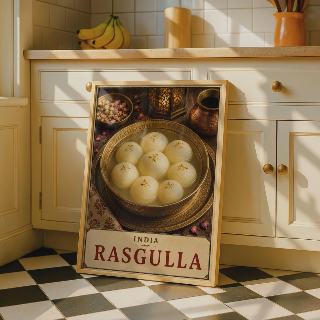 India Rasgulla Food Poster, Vintage Indian Sweet Dessert Art, Warm Tones (Print)