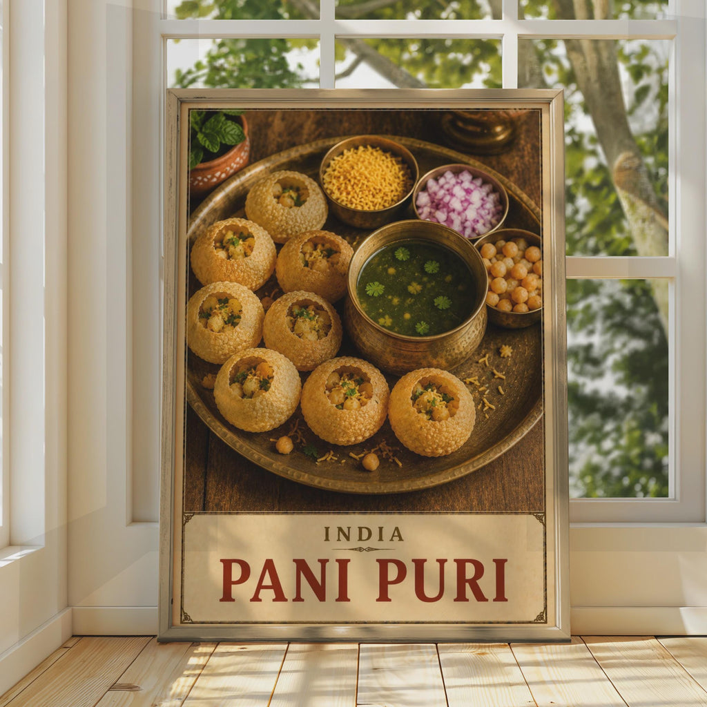 Pani Puri Poster, Indian Street Food Photography, Brass Thali, Vintage Label Style (Print)