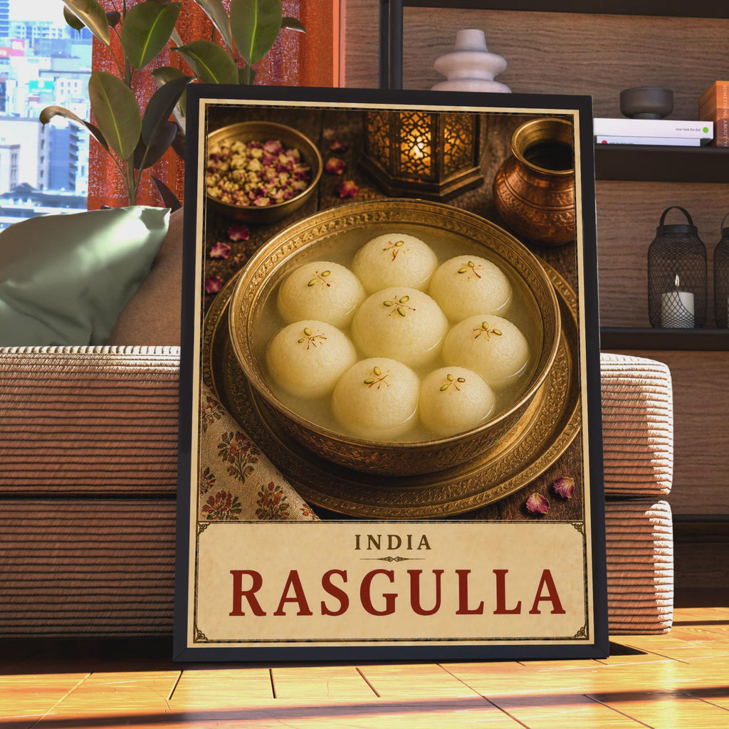 India Rasgulla Food Poster, Vintage Indian Sweet Dessert Art, Warm Tones (Print)