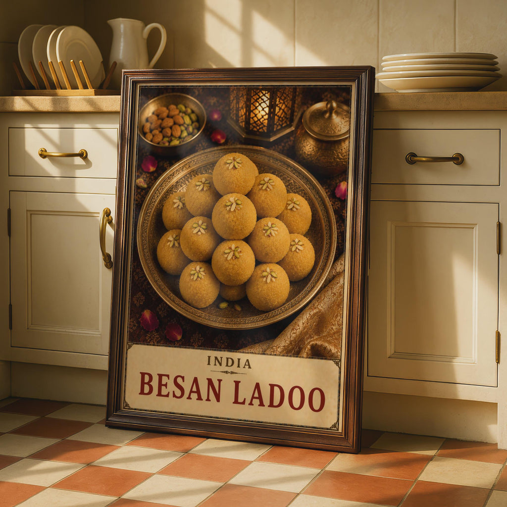 Besan Ladoo India Food Poster, Golden Sweet Dessert Wall Art, South Asian Cuisine Gift