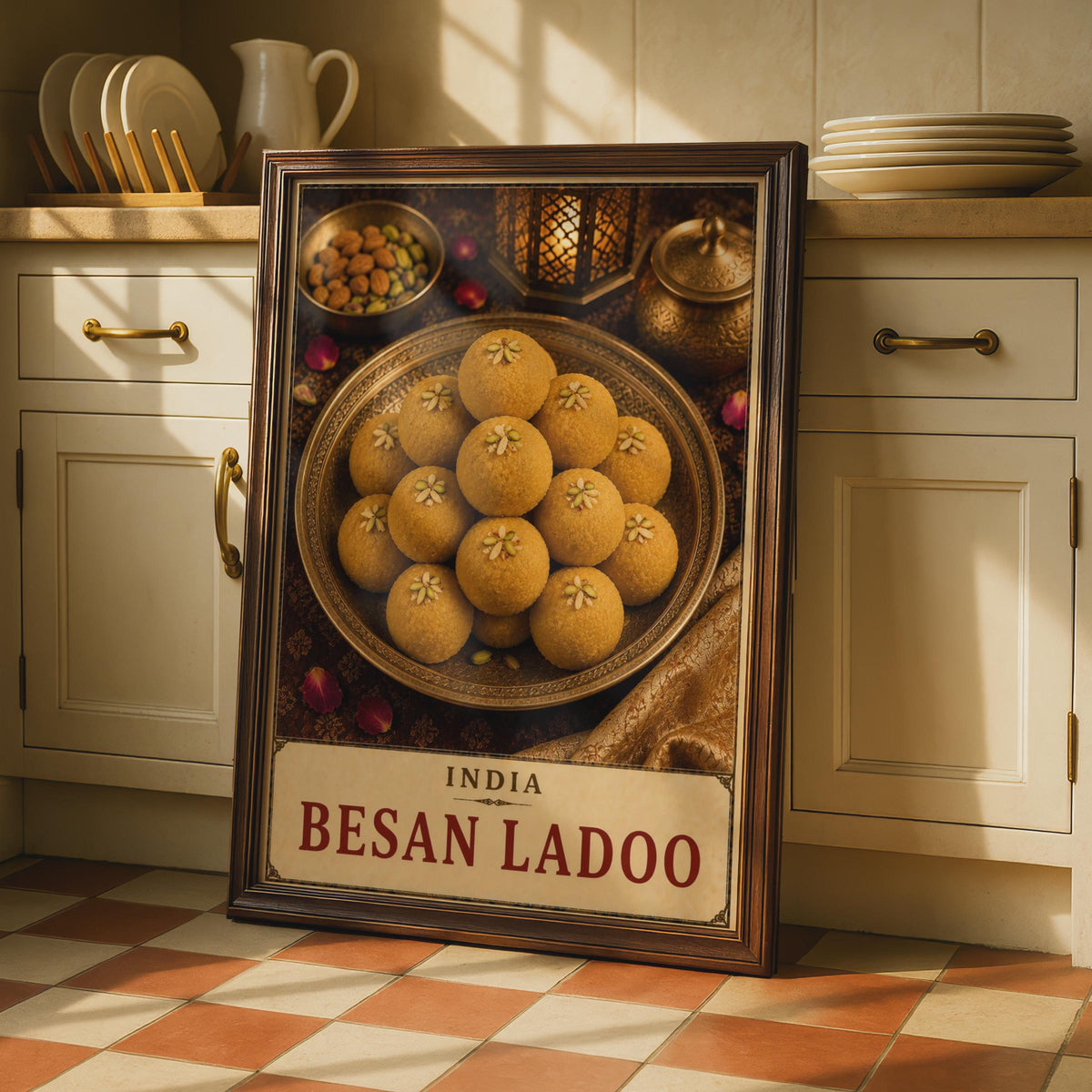 Besan Ladoo India Food Poster, Golden Sweet Dessert Wall Art, South Asian Cuisine Gift