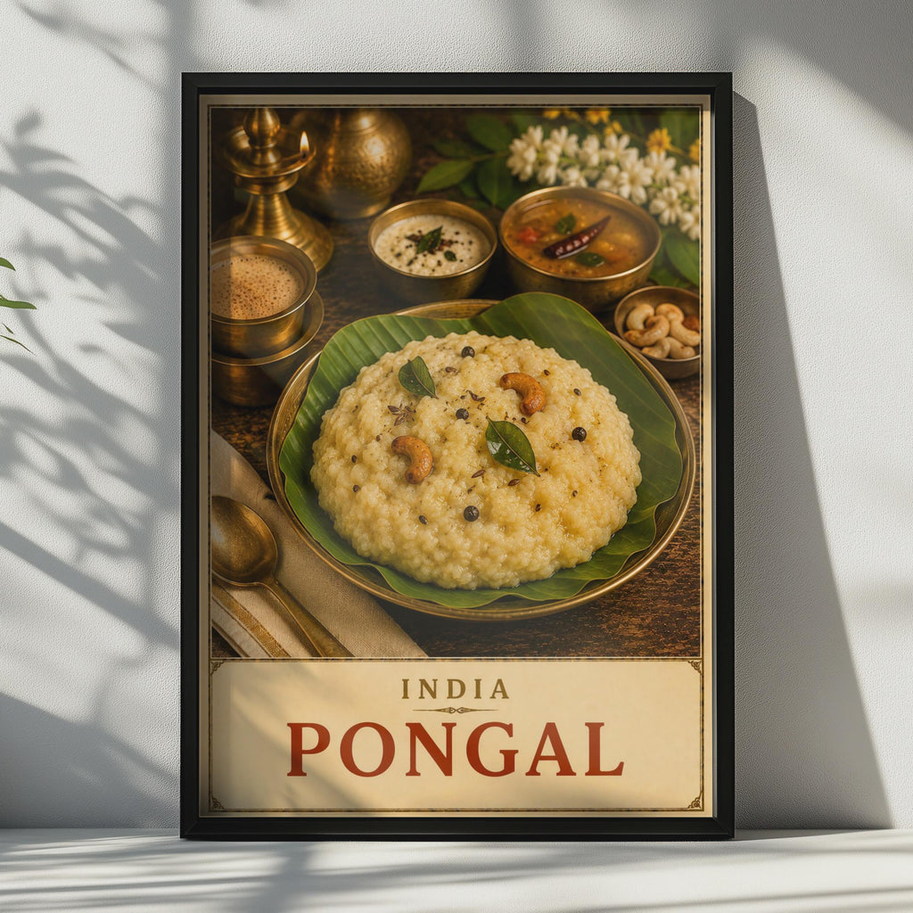 India Pongal Food Poster, South Indian Cuisine Wall Art, Tamil Festival Print (Vintage Style)