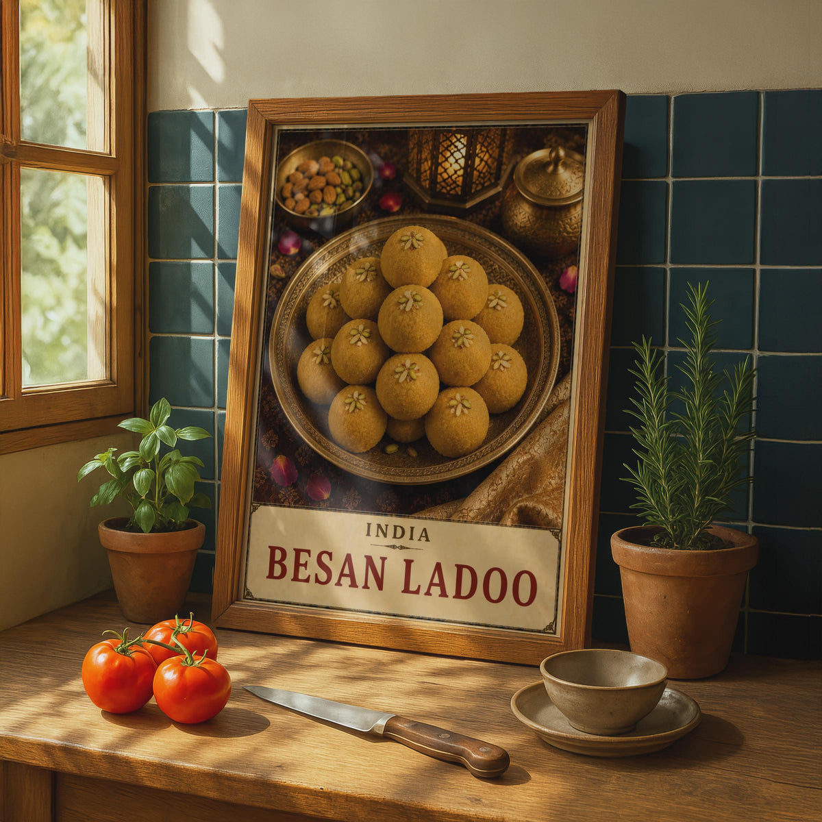 Besan Ladoo India Food Poster, Golden Sweet Dessert Wall Art, South Asian Cuisine Gift