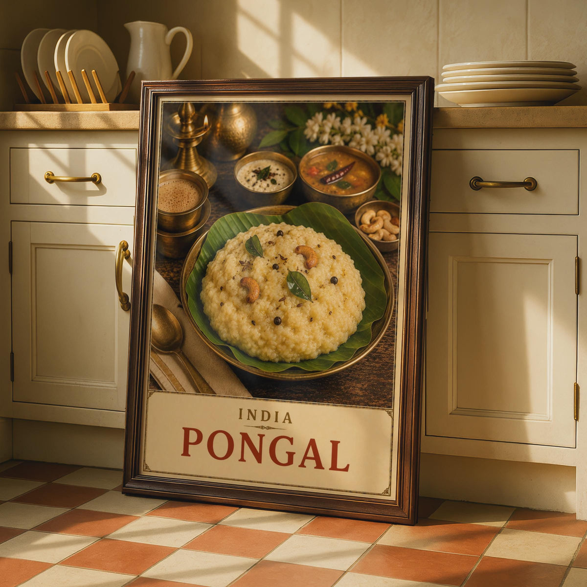 India Pongal Food Poster, South Indian Cuisine Wall Art, Tamil Festival Print (Vintage Style)