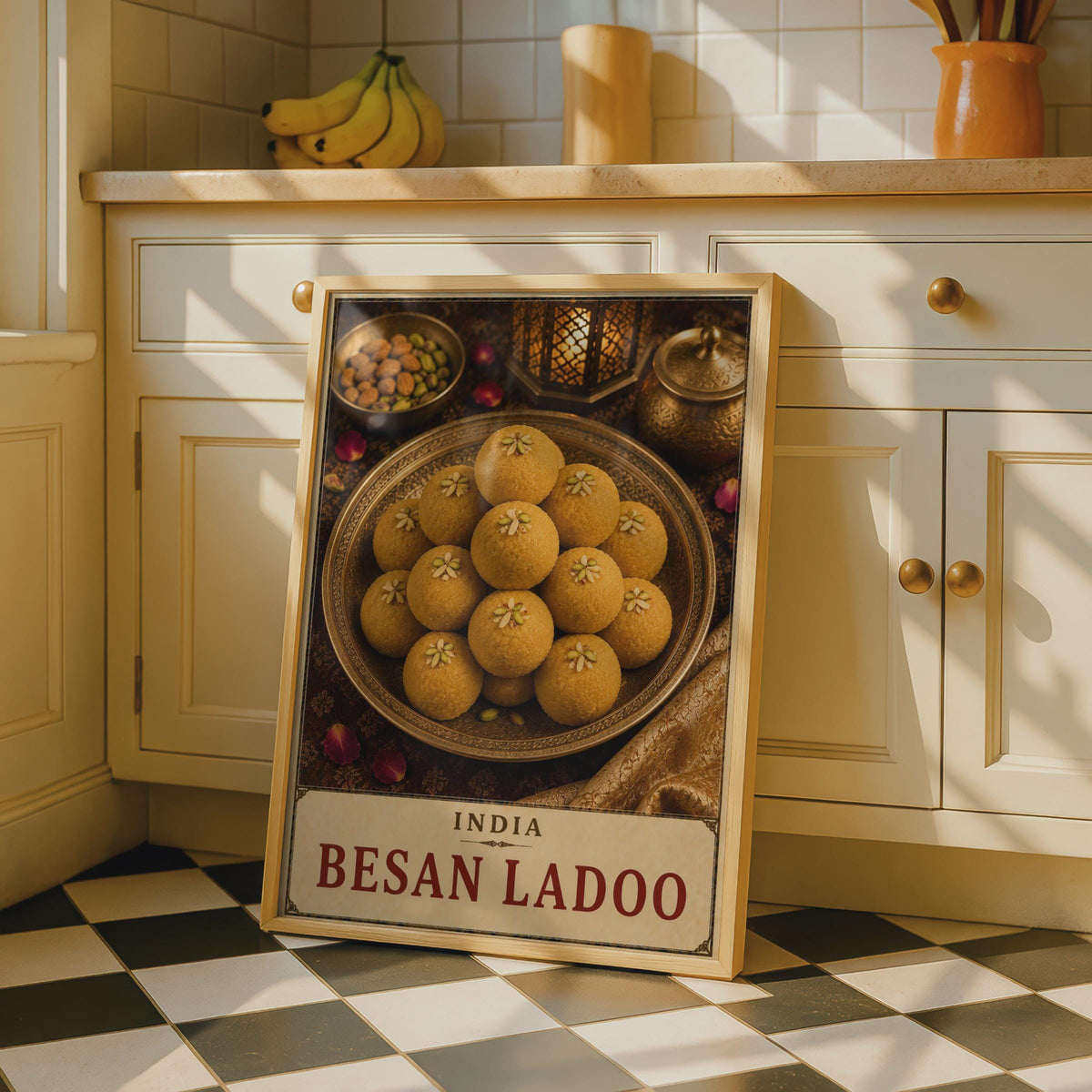 Besan Ladoo India Food Poster, Golden Sweet Dessert Wall Art, South Asian Cuisine Gift