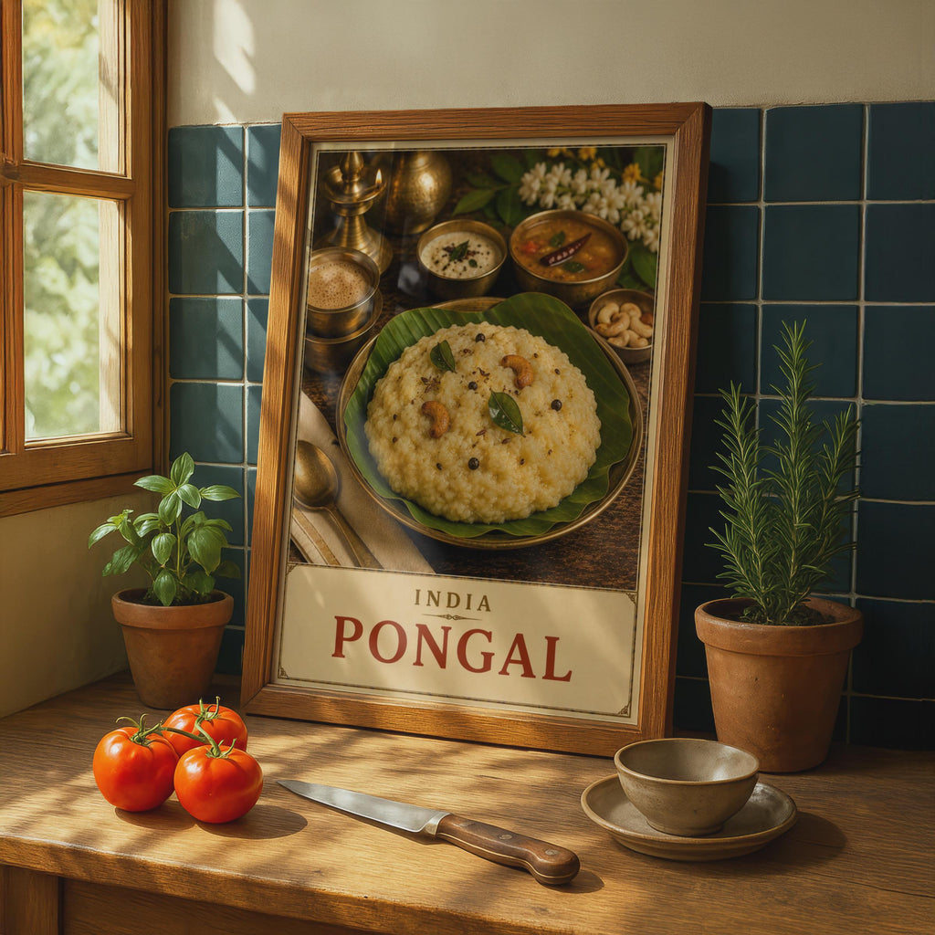 India Pongal Food Poster, South Indian Cuisine Wall Art, Tamil Festival Print (Vintage Style)