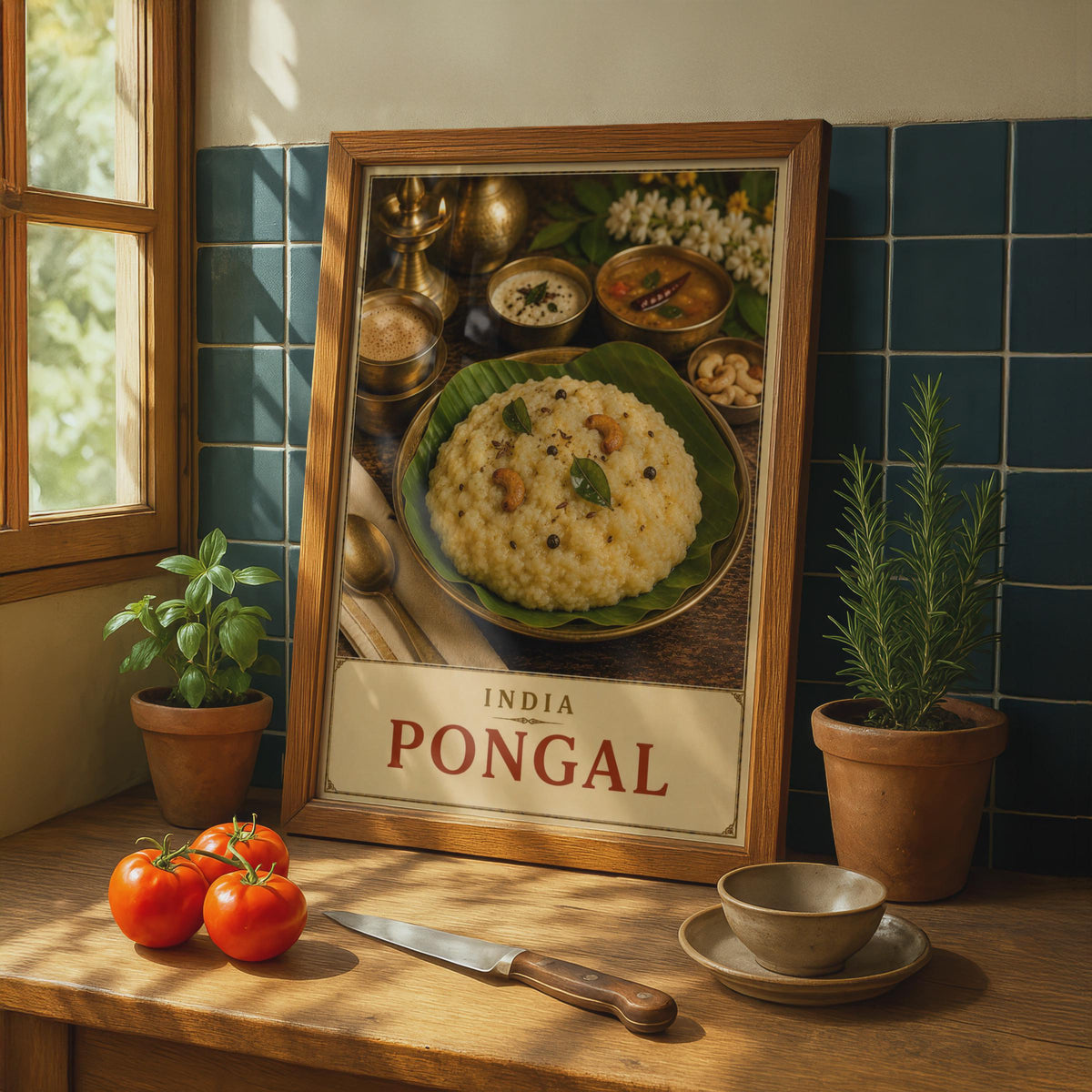 India Pongal Food Poster, South Indian Cuisine Wall Art, Tamil Festival Print (Vintage Style)