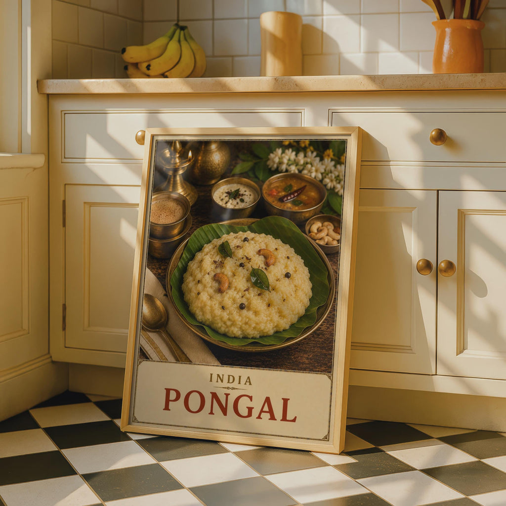 India Pongal Food Poster, South Indian Cuisine Wall Art, Tamil Festival Print (Vintage Style)