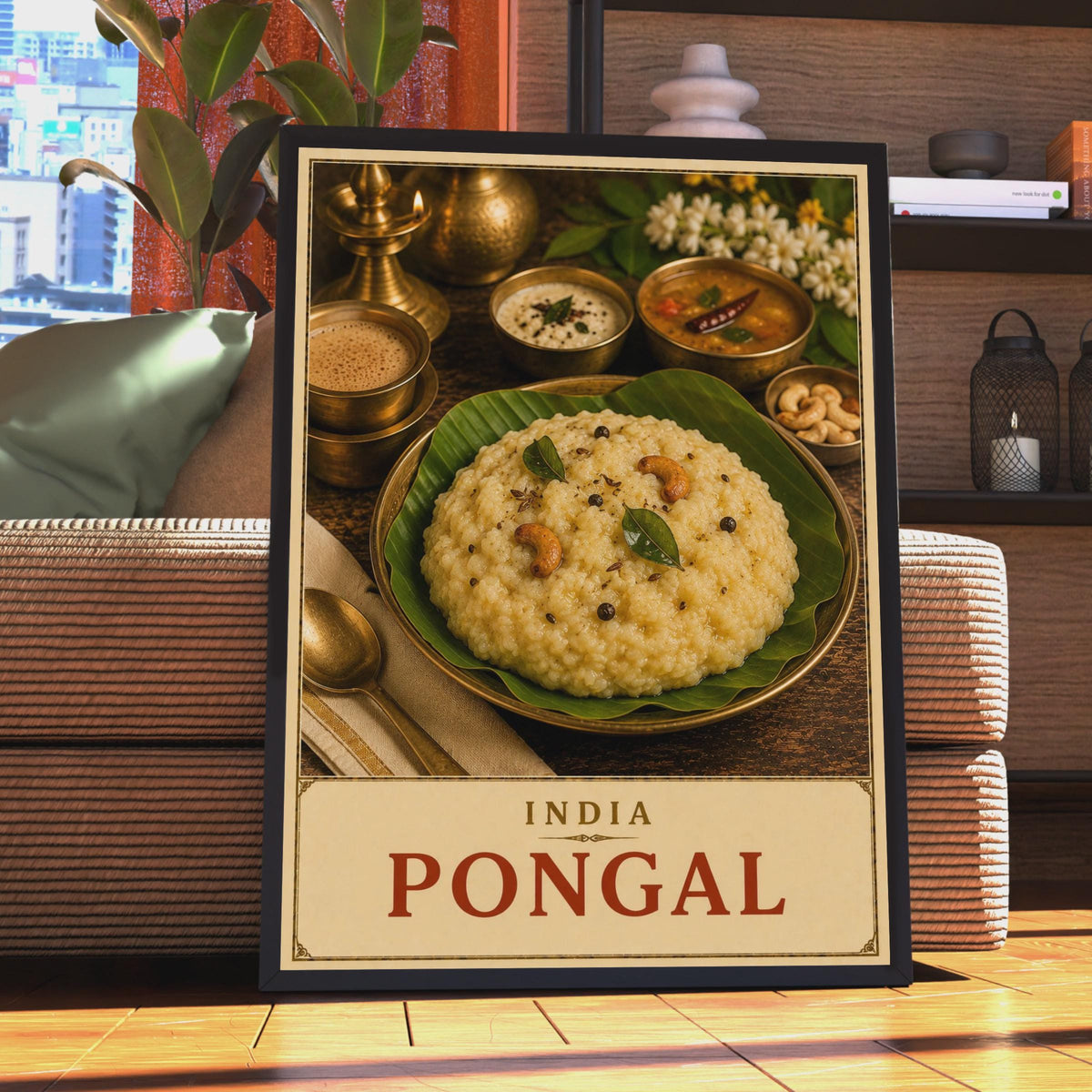 India Pongal Food Poster, South Indian Cuisine Wall Art, Tamil Festival Print (Vintage Style)
