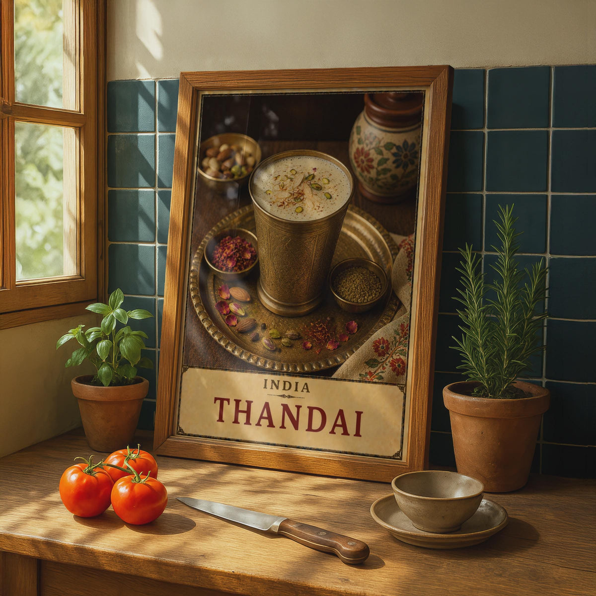 Thandai India Drink Poster, Spiced Milk, Brass Cup, South Asian Cuisine Art