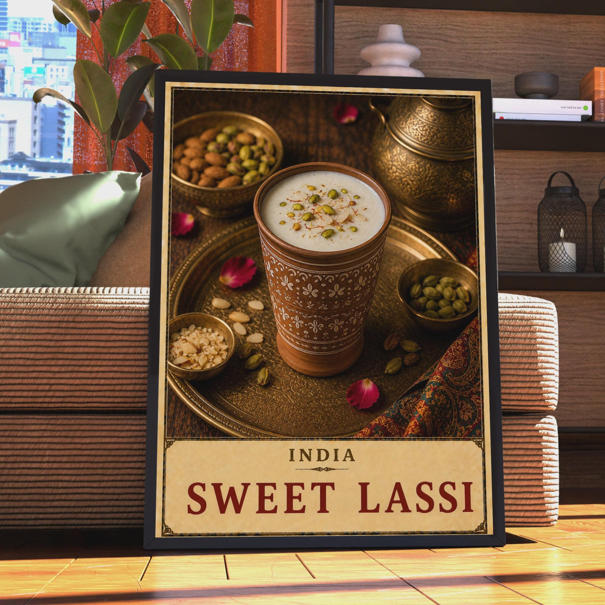 India Sweet Lassi Poster, Hand-Painted Terracotta Cup, Saffron Pistachio Garnish, Vintage Style Food Print