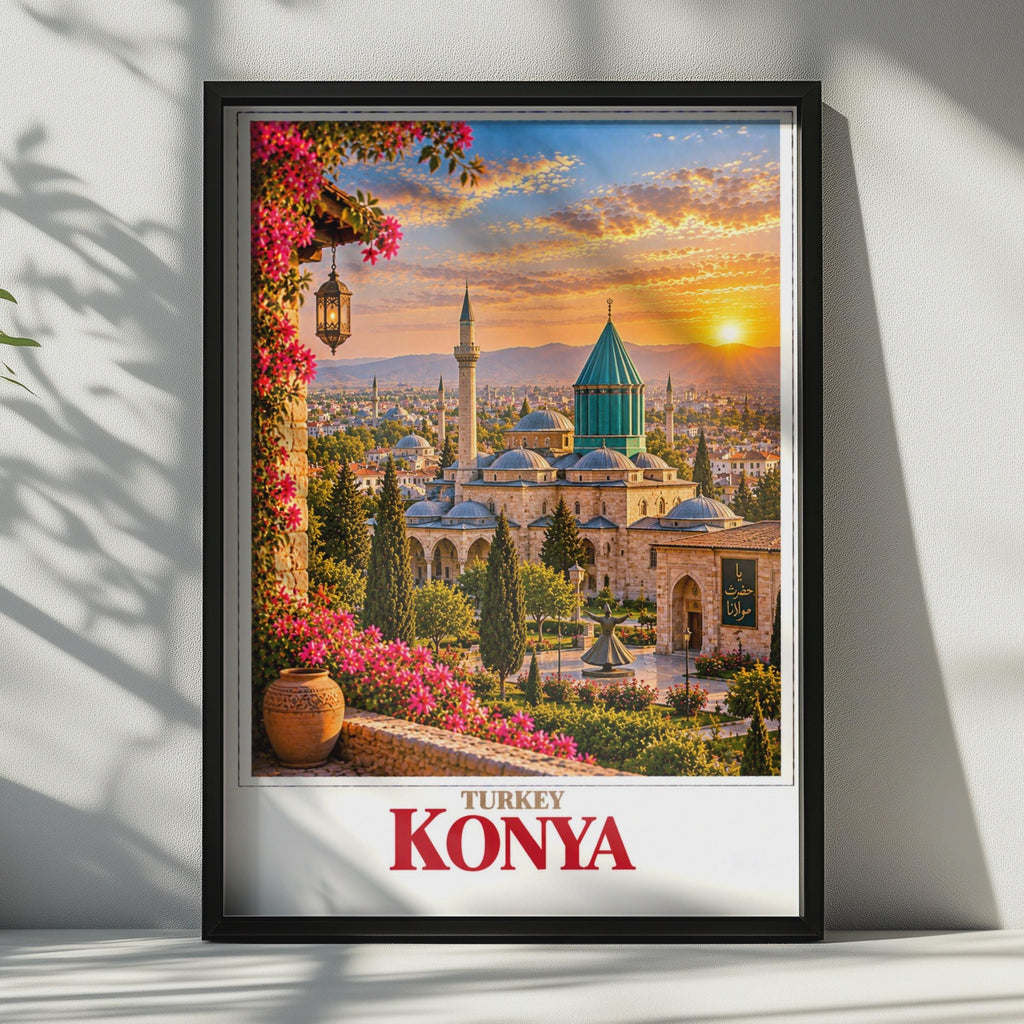 Konya Turkey Travel Poster, Mevlana Museum, Whirling Dervish, Sunset Skyline (Printed Poster)