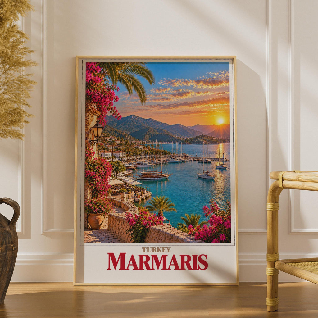 Marmaris Turkey Travel Poster, Aegean Coast Sunset, Sailing Boats, Bougainvillea (Printed Poster)