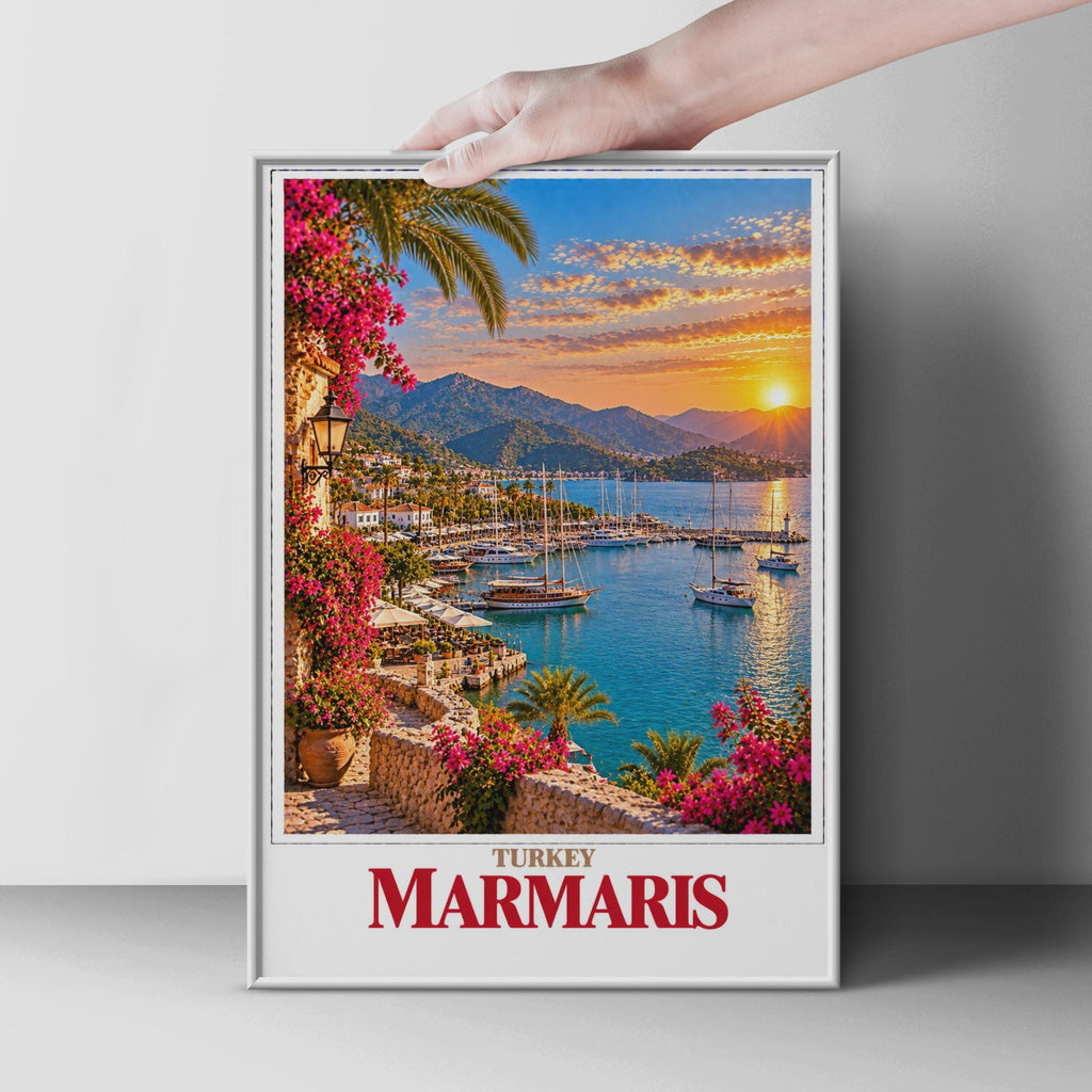 Marmaris Turkey Travel Poster, Aegean Coast Sunset, Sailing Boats, Bougainvillea (Printed Poster)