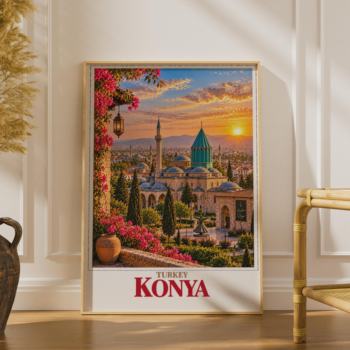 Konya Turkey Travel Poster, Mevlana Museum, Whirling Dervish, Sunset Skyline (Printed Poster)